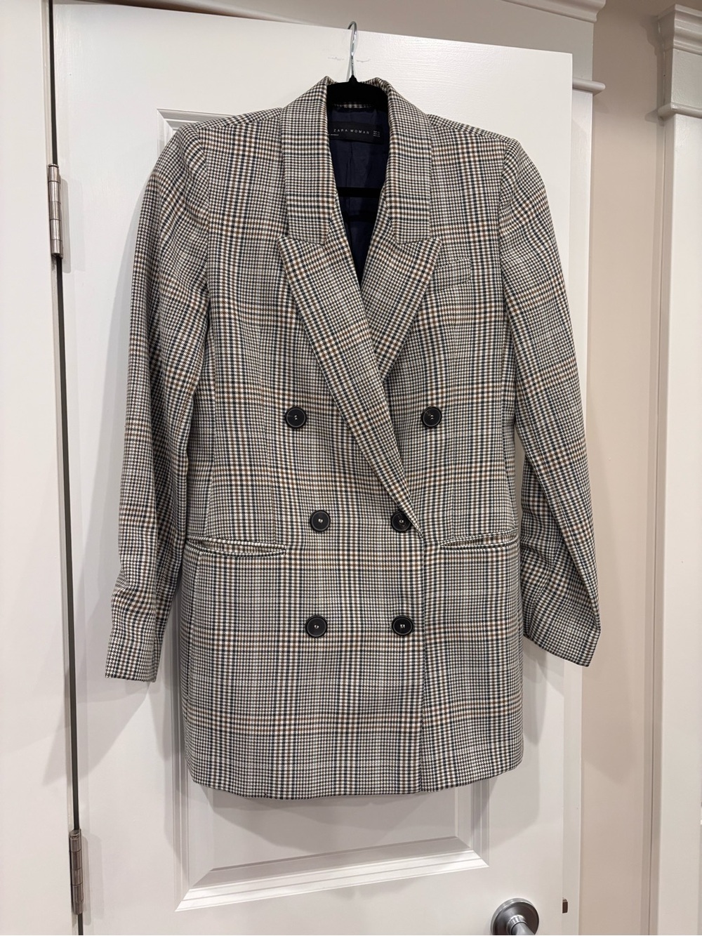 Double-Breasted Glen Plaid Blazer in brown, cream, navy